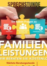 Drei verschiedenfarbige zusammengesteckte Puzzleteile auf denen geschrieben steht, dass man bei Fragen zu Wohngeld, zum Bildungs- und Teilhabepaket und zum Kinderzuschlag die Sprechstunde Familienleistungen aufsuchen kann.
